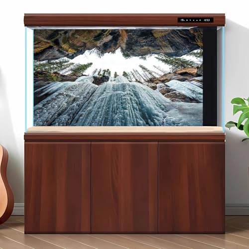 Winter Waterfall Aquarium Background Maligne Canyon of Rock Eroded Fish Tank Background Wintry Frosty Ice Waterfall Nature Landscape Terrarium Backgrounds Winter Pine Trees Tank Backgrounds 24x12in - color: Dark Brown, size: 24(W)x12(H)inches/ 60(W)*30cm(