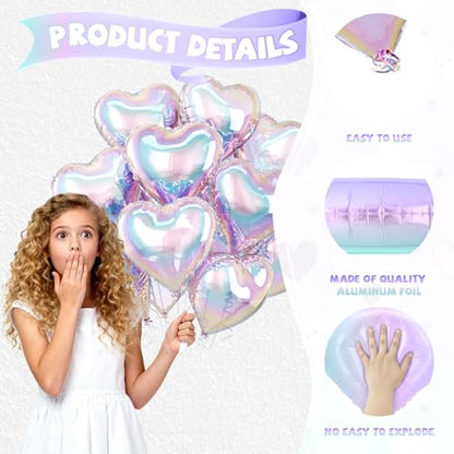 Iridescent Heart Balloons, 10PCS Rainbow Foil for Mermaid Birthday Party - color: Iridescent