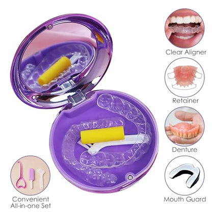 Retainer Case with Mirror, Cute Retainer Holder Case, Slim Aligner Case with Removal Tool, Magnetic Closure, Convenient Orthodontic Case for Invisalign/Night Guard/Mouth Guard - color: Purple