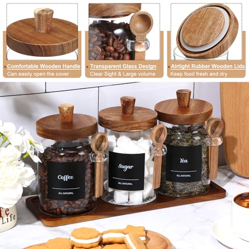 3 Pcs Glass Coffee Container with Wooden Lid Spoon Shelf Labels Clear Airtight Jar Food Storage Canister Set for Sugar Spice Coffee Bean Holder Housewarming Gift(20 oz,Acacia Brown) - size: 20 oz