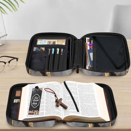 Black Marble Pattern Bible Cover Case with Handle and Zippered Pocket - color: Black Marble Pattern