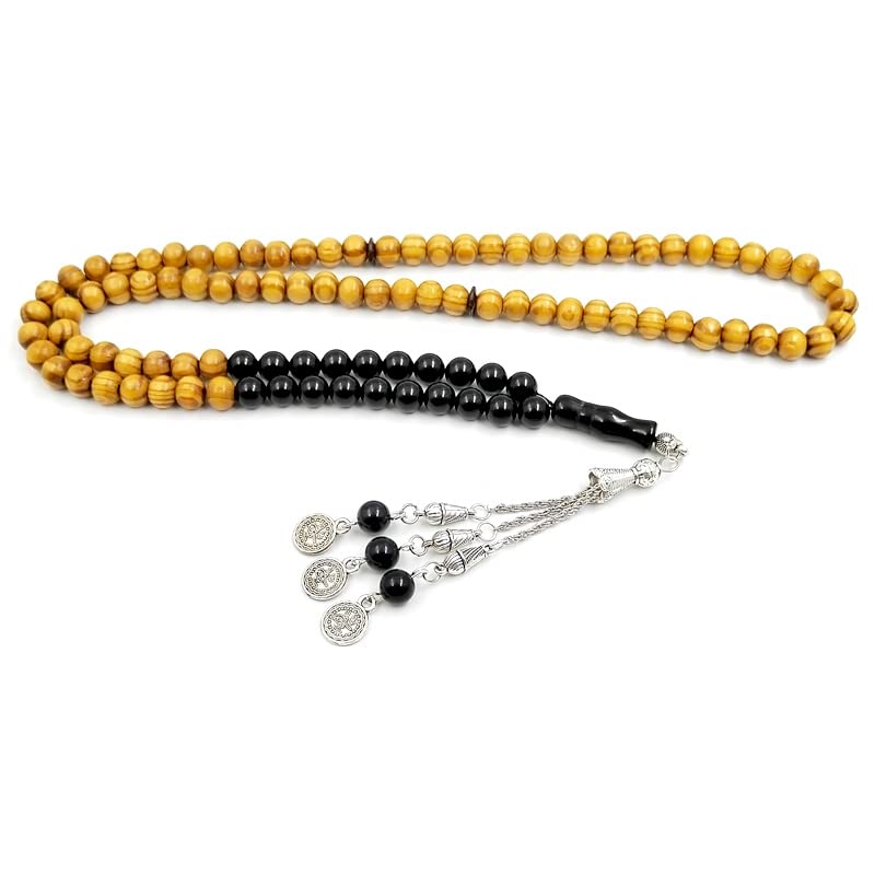 ALBASHAN Tasbih men Natural Beech Wood with Onyx 99/100 Beads misbaha Muslim Prayer Beads Ramadan Eid Gift - size: 8mm x 99 beads
