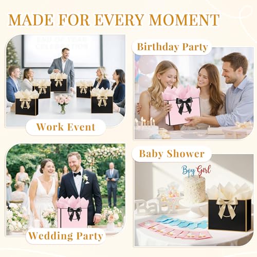 ANZNKU 2PCS Black & Pink Gift Bags Medium Wrapping Supplies, Gift Bags with Handles 4 Tissue Paper 2 Ribbon 2 Cards for Women Birthday Wedding Graduation Engagement Bridal Shower Present Party Favor - color: Black+Pink
