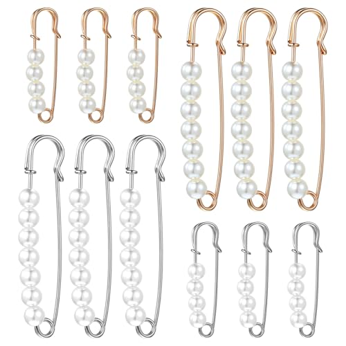 12 Pcs Pearl Pins for Clothes,2 Sizes Pearl Brooch Pins,Fashion Faux Pearls Broochs Pin for Women,Pearls Brooch Safety Pin for Clothes,Dress Pants Skirt Accessories(Gold & Silver)