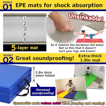 KaRaDaStyle Gymnastics Mat Folding Stretch Mats 71"x31"x2" Exercise Muscle Training Children Play Horizontal Bar Mat Yoga Sports Soundproof Home Use - color: Blue/3-fold