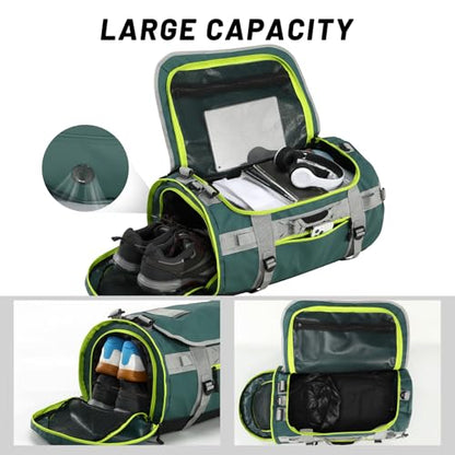 MIER 여행용 캠핑 체육관 스포츠용 대형 더플 백 백팩, 45L/60L/90L | 방수, 컨버터블 더플, 탈착식 백팩 스트랩, 신발 수납 공간, 튼튼한 타폴린, 3가지 사이즈 - color: 초록색., size: 60L
