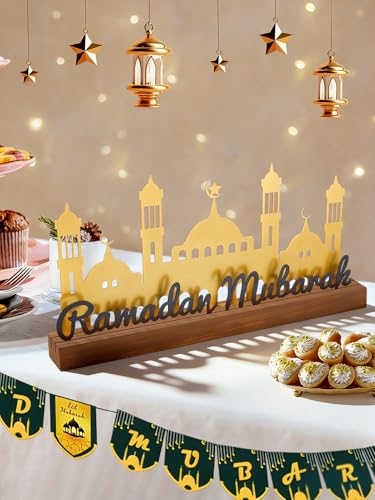 Enlarged 15.7in Ramadan Table Sign - Metal Eid Mubarak Tabletop Decorations, Muslim Golden Palace Dinner Ornaments for Islamic Gifts Parties Home Kitchen, Black Letters - style: Black Letters