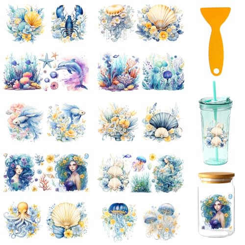 20 Pcs Sea of Flowers UV DTF Cup Wraps for 16OZ Glass, Ocean Theme UV DTF Transfer Stickers Waterproof Rub on Transfer Decals for Glass Bottle Vase Furniture Crafts - style: Sea of Flowers