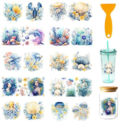 20 Pcs Sea of Flowers UV DTF Cup Wraps for 16OZ Glass, Ocean Theme UV DTF Transfer Stickers Waterproof Rub on Transfer Decals for Glass Bottle Vase Furniture Crafts - style: Sea of Flowers
