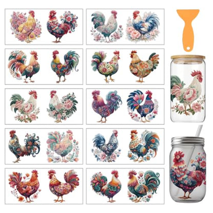arricraft 10 Pcs Floral Chicken Theme PVC Cup Transfer Stickers, Flower-Patterned Chicken UV Waterproof Cup Sticker for 16 oz Glasses Window Home Printing Decoration 24x11cm - style: Floral Chicken Theme