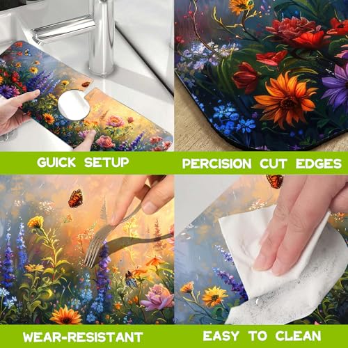 Kitchen Sink Splash Guard Faucet Mat Super Absorbent Fast Drying Mat Guard Behind Faucet Drip Catcher for Kitchen Bathroom (Flowers Bees in the Garden, 23.5"X5.5")