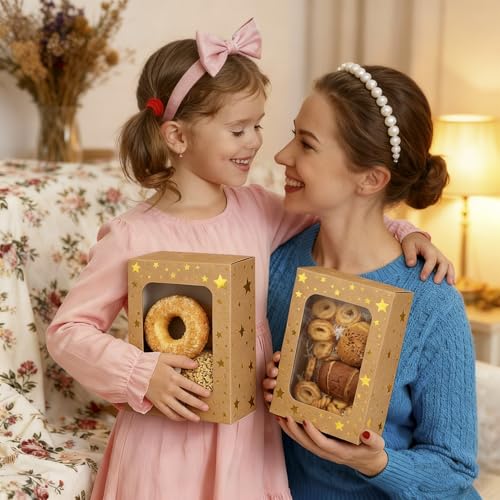 24 Pack Christmas Cookie Boxes,Gold Star Bakery Boxes with Window (9x6x3 Inch),Sturdy Pastry Boxes for Baked Goods,Treat Box for Holiday Gift Exchange, Cookie Tins with Lids for Gift Giving - color: Gold Star-Brown
