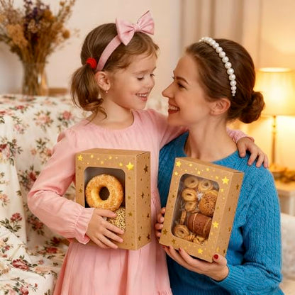 24 Pack Christmas Cookie Boxes,Gold Star Bakery Boxes with Window (9x6x3 Inch),Sturdy Pastry Boxes for Baked Goods,Treat Box for Holiday Gift Exchange, Cookie Tins with Lids for Gift Giving - color: Gold Star-Brown