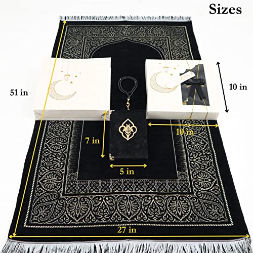IEF Muslim Prayer Rug Islamic Prayer Mat Quran Prayer Beads Gift Set, Ramadan Eid Gifts, Birthday Gifts for Men, Fathers Day Gift, Velvet Prayer Rug Arabic Quran Pearl Tasbeeh - color: Black with Bag