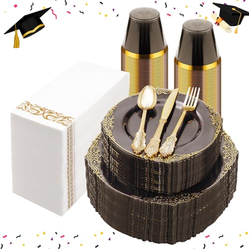 Bestluck 350PCS Clear Black Plastic Plates for 50 Guests - color: Black, size: 50 Guests