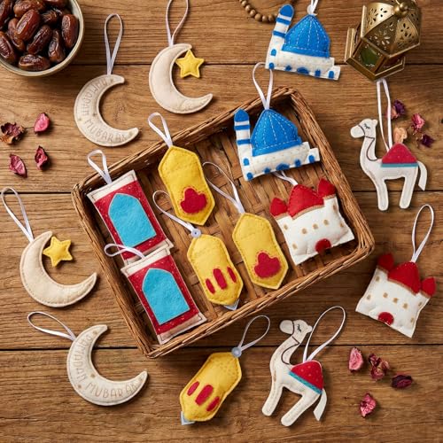 HunnmingRe 16 Pcs Ramadan Tree Ornaments 3D Felt Eid Mubarak Hanging Ornaments Ramadan Islamic Moon Star Castle Lantern Decorations for Holiday Party Door Home Wall Mantel Arts Crafts Gifts - style: Ramadan