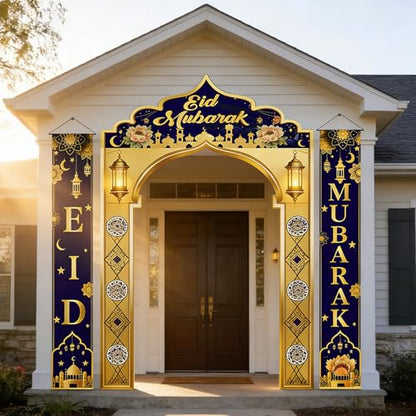 3 IN 1 Eid Mubarak Banner Decorations, Islamic Mosque Archway Backdrop with Eid Mubarak Hanging Banners, Ramadan Eid Decor for Home Door Wall Indoor Outdoor
