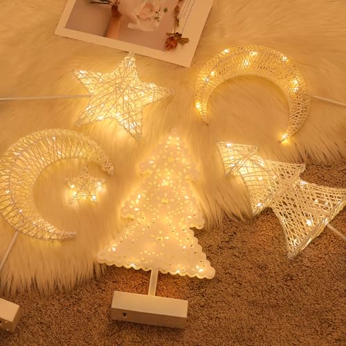 Lewondr Decorative Table Lamp, Christmas Moon Star Ramadan Desk Lamp Battery Powered Warm LED Crescent Light for Xmas Home Bedroom Bedside Desktop Nightstand Decoration, White - style: Moon + Star