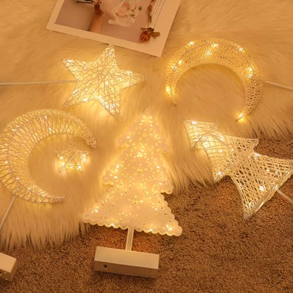 Lewondr Decorative Table Lamp, Christmas Moon Star Ramadan Desk Lamp Battery Powered Warm LED Crescent Light for Xmas Home Bedroom Bedside Desktop Nightstand Decoration, White - style: Moon + Star