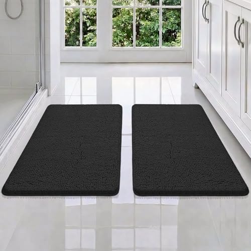 Bcoimo Bath Rug Mat Set,2 Piece Thick Absorbent Chenille Bathroom Mat Black - color: Black, size: 30×20 Plus 30×20