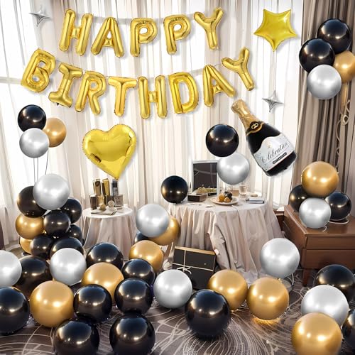 Black and Gold Balloon Arch Kit – Happy Birthday Decorations with White, Gold, Black Balloons | Birthday Balloons, Balloon Garland Kit, Party Balloons for Birthday Decor - color: Black and Gold