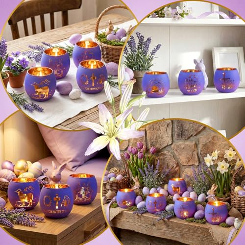 FoldTier 6 Pcs Easter Candle Holders He is Risen Tealight Votive Candle Holder for Table Centerpiece Christian Religious Glass Tealight Votive Easter Tabletop Decor for Home Altar Decoration - style: Easter