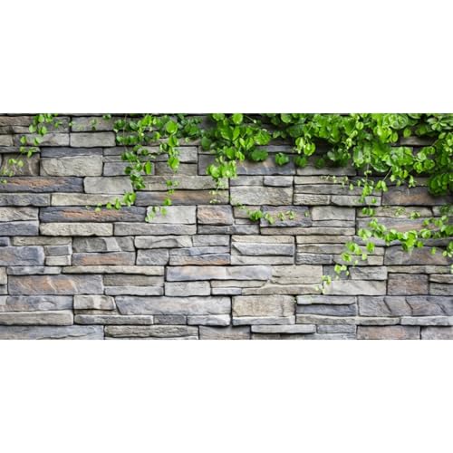 48x18 in Stone Brick Wall Aquarium Backdrop Leaves Fish Tank Background | AWERT Rock Green Leaves Terrarium Background Vinyl - size: 48x18in/120x45cm