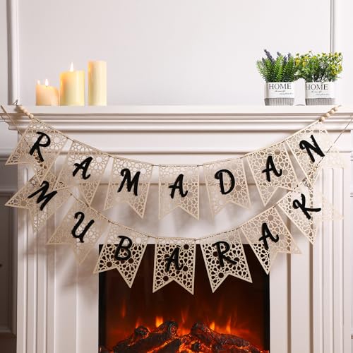 SmoothNovelty 2 Pcs Eid Ramadan Mubarak Banner Wooden Ramadan Mubarak Decoration Rustic Bead Ramadan Decorations Banner Muslim Party Decor Supplies for Home Fireplace Indoor Outdoor(Black Letter) - color: Black Letter