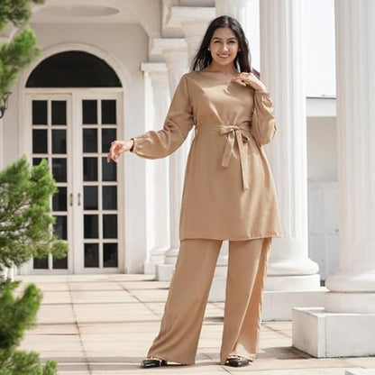 IWEMEK Abayas for Women Muslim Long Sleeve Loose Top Pants 2 Pcs Eid Ramadan Outfits Casual Islamic Muslim Clothes with Belt - color: Khaki, size: XX-Large