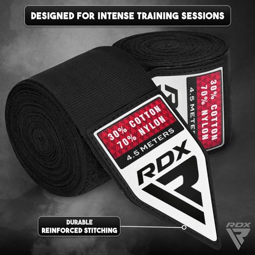 RDX Boxing Hand Wraps 4.5M / 180 Inches – Mexican Style Semi-Elastic MMA Inner Gloves - Wrist Support for Muay Thai, Kickboxing, BJJ, Karate - Thumb Loop & Hook and Loop Closure - Cotton & Nylon Blend - color: Black