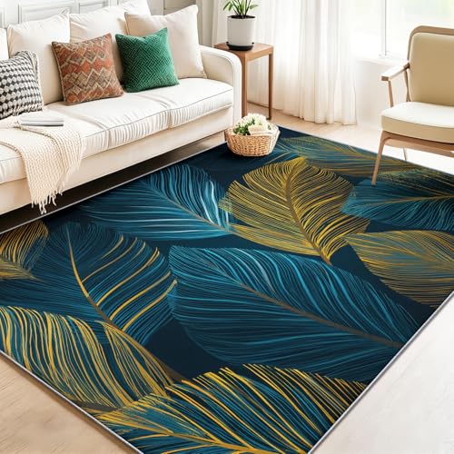Area Rugs for Living Room 2 x 3 ft, Low Pile Large Soft Stain Resistant Non-Slip, Palm Leaf Element Abstract Decoration for Bedroom Dining Room Indoor Home Decor Carpet Blue Gold - color: Blue Gold 2, size: 2' x 3' (Rectangular)
