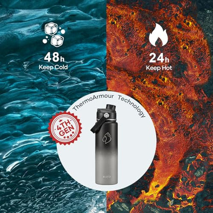 BUZIO 24 oz Water Bottle Insulated, Leakproof Stainless Steel Flask (Cold for 48 Hrs), Wide Mouth BPA-Free Metal Thermo Hydro Canteen with 2 Lids, Shadow - color: Shadow, size: 24 Ounces