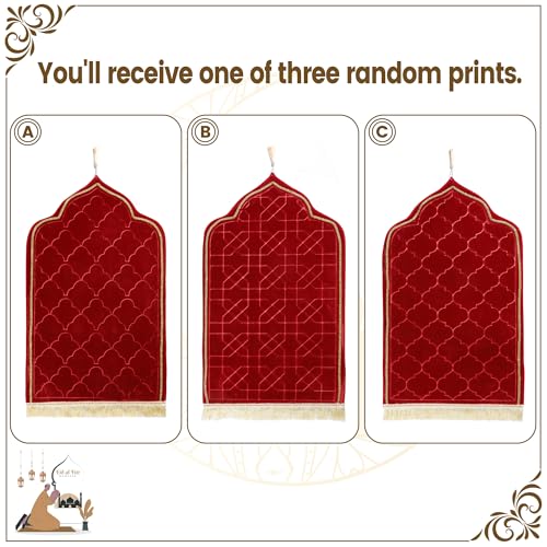 Muslim Prayer Rug Gold Rimmed Soft Thick Flannel Prayer Carpet Mat 25.5x45 Inch One of Three Random Patterns, Burgundy