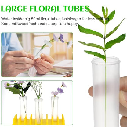Beeveer 2 Short Peg Rack with 16 Large Floral Tubes Floral Water Tubes for Feeding Fresh Milkweed Cuttings Host Plants Nectar Flowers Habitat Supplies