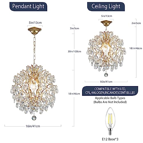 Bestier Modern Gold Pendant Chandelier Crystal Raindrop Lighting Ceiling Light Fixture Lamp for Dining Room Bathroom Bedroom Livingroom entryway 3 E12 Bulbs Required D16 in x H18 in - color: Gold, size: D16" x H18"