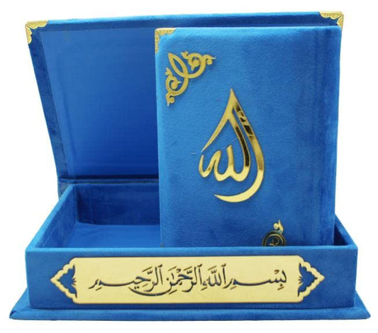 Al Quran Ul karim 13 Line Hafizi Holy koran Arabic Text With Beautiful Design Velvet Cover box - Taj Company Qura'n (L Blue)