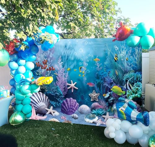 Under the Sea Backdrop Summer Tropical Fish Coral Ocean Underwater World Photography Background Ocean Aquarium Themed Baby Shower Birthday Party Banner Decorations Photo Booth Props 8x6FT - size: 8x6FT