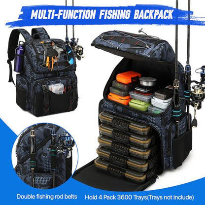Fishing Backpack, 45L Large Cooler Fishing Tackle bag with Rod Holders & Rain Cover, Water-resistant Store Fishing Gear - color: Black Camo