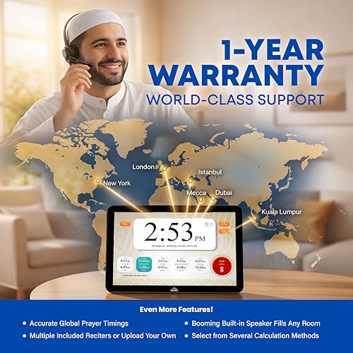 Masjidal 14" Smart WiFi Digital Azan Clock & Islamic Prayer Frame – Automatic Worldwide Prayer & Iqamah Times, Full Quran Player, Athan Alarm, Ramadan Clock, Touchscreen Muslim Home Display, Black - color: Black, size: 14 Inches