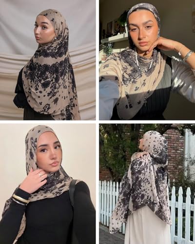 ZGMYC Watercolour Floral Printed Hijab Scarf for Women Soft Modal Cotton Instant Hijab Head Wraps Shawls Long Scarves - color: Khaki & Black Lace
