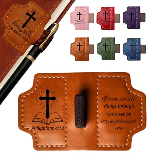 MOTEERLLU Bygone Mark Personalized Magnetic Leather Bookmark Pen Holder, Christian Gifts, Inspirational Bible Book Marks for Reading Women, Men, Teachers, Book Lover(Brown Philippians4:13) - color: Brown, size: Philippians 4:13
