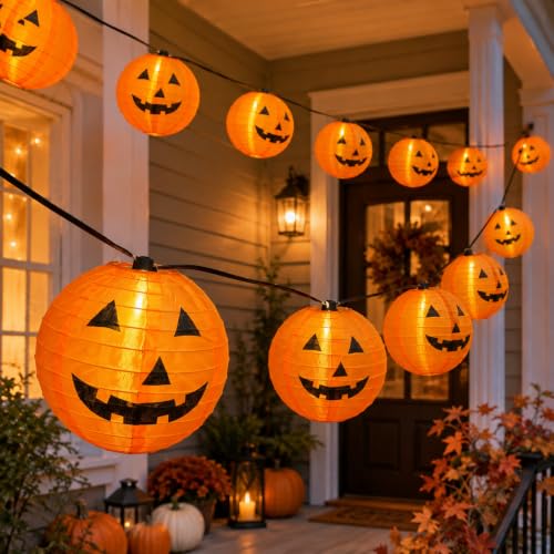 25FT Halloween Pumpkin Lantern String Lights, 10 Large Jack O'Lanterns - color: Orange