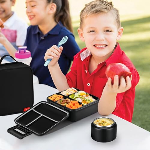 JXXM Bento Lunch Box for Kids With 8oz Soup Thermo,Leak-proof Lunch Containers with 5 Compartment,Thermo Food Jar and Lunch Bag, Food Containers for School (A-Black(Circumnavigate Space)) - color: A-Black(Circumnavigate Space)