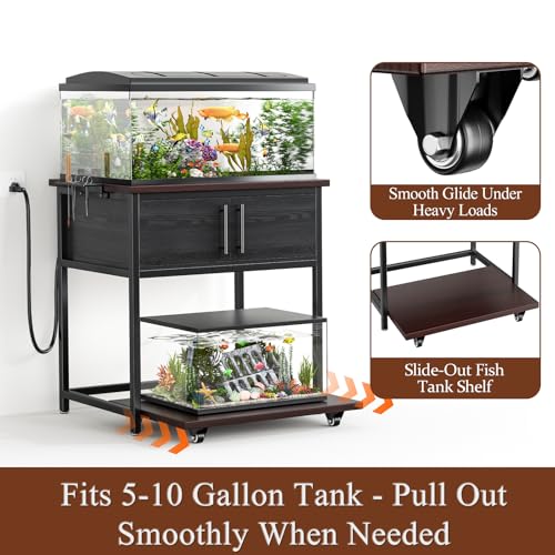 20-29 Gallon Fish Tank Stand with Power Outlet and Storage Cabinet,Aquarium Stand with Slide-Out Fish Tank Shelf,Heavy Duty Metal Frame and Waterproof Wood,31.5" L x 15.7" W 770LBS Capacity