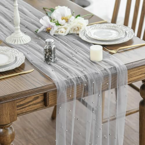 Artoid Mode Pearl Grey Gauze Table Runner 10FT Home Decor - color: Grey, size: 28" x 120"