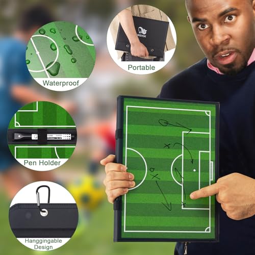 WISYOK Leather Covered Magnetic Soccer Lineup Board, Foldable and Portable Clipboard for Coaches with 48 Cards, 2 Markers, 4 Hooks and 1 Organizer Bag - style: Soccer Leather