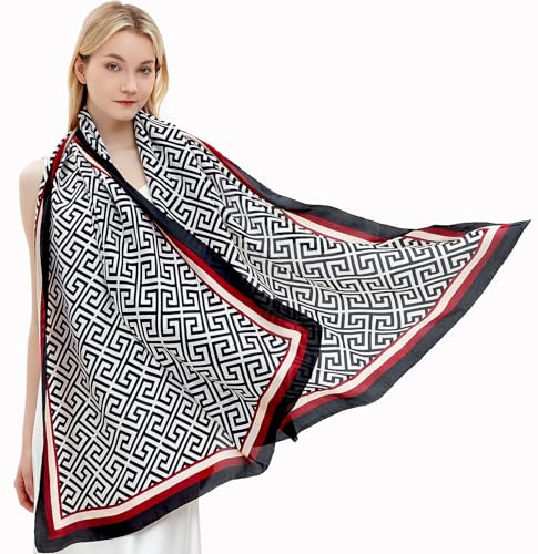 Women Silk Scarves Long Satin Lightweight Outdoor Shawl Wraps Printed Head Scarf 70''X35'' - color: 108-black/White