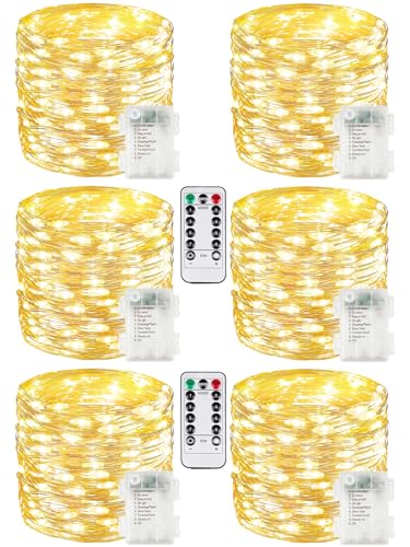 6 Pack 100 LED Fairy Lights Battery Operated with Remote, 8 Modes String Lights Indoor Outdoor, Cuttable Battery Light for Home Bedroom Wedding DIY Centerpiece Christmas Decorations (Warm White) - color: Warm White, size: 6PK（100LED with Remote）