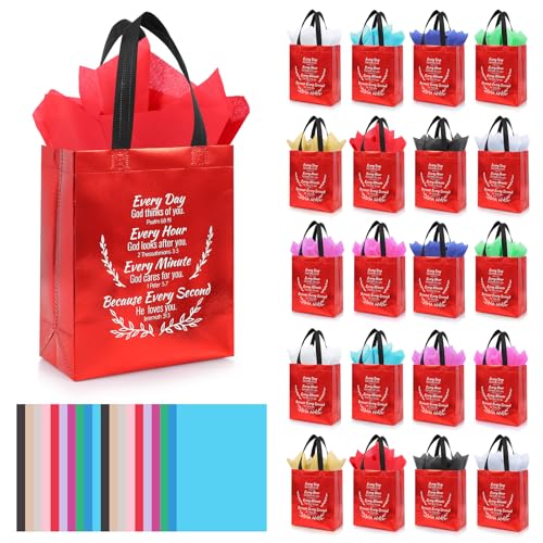 LUAVIARU 40 Pcs Bible Verse Christian Gift Bags Set – 20 Red Reusable Gift Bag with Handles & 20 Tissue Paper, Religious Gift Bag for Church Events, Baptism, Easter, Communion, Congratulations - color: Red, size: 20