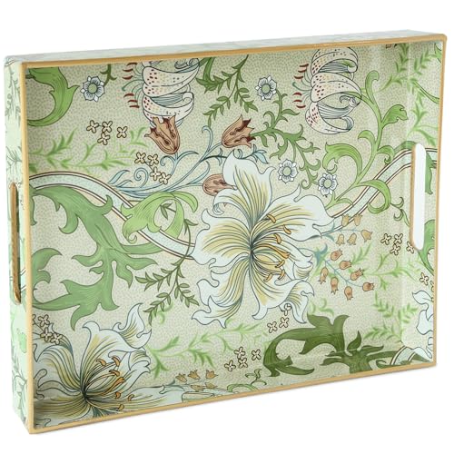 Serving Tray with Handles, Rectangular Plastic Tray with Floral Artwork – 15.75"x11.81" Large Decorative Tray Featuring Lily & Tulip Design – Home Decor for Kitchen, Coffee Table, Office & Home - color: Green Lily & Tulip 1 Pc